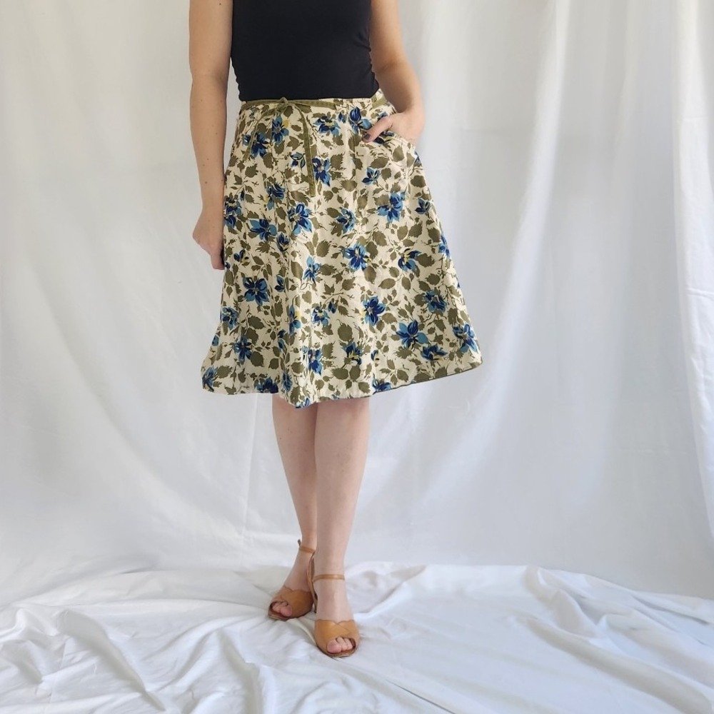 70s Green and Blue Floral Reversible Wrap‎ Skirt